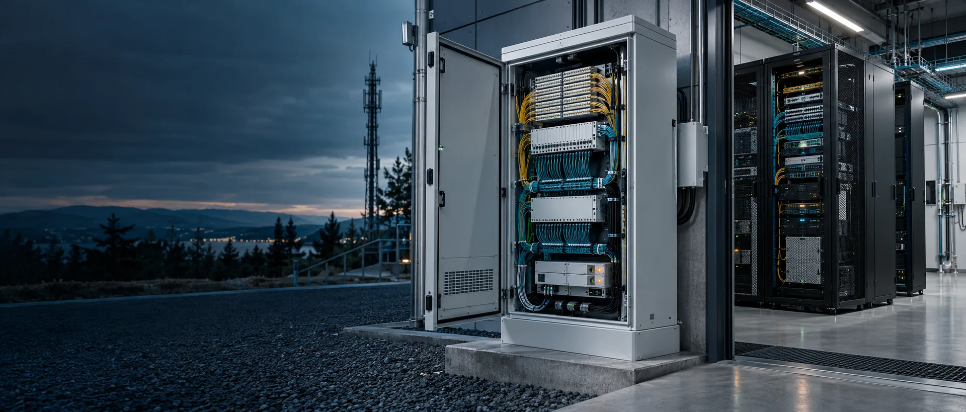 Outdoor communications infrastructure with equipment cabinets and fibre network hardware