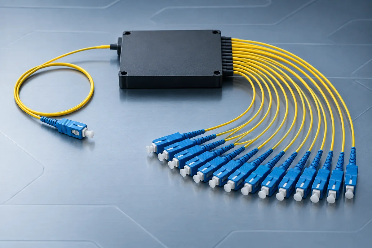 Passive optical splitter with fibre connector leads